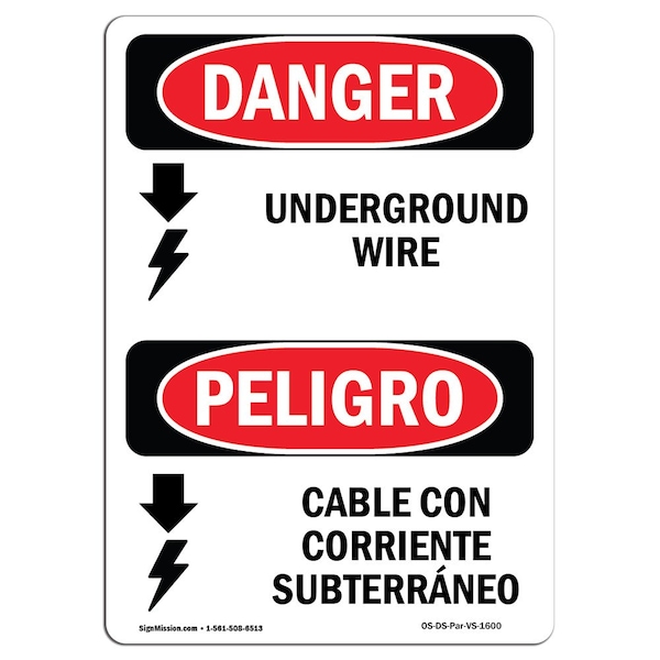 Safety Sign, OSHA Danger, 5" Height, Underground Live Wire Bilingual Spanish, 10PK